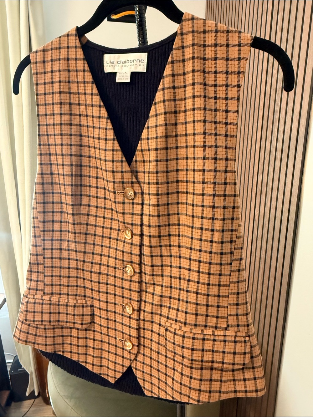 Vintage Liz Claiborne Tan and Black Plaid Button-Front Vest